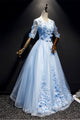 Light Blue Short Sleeves Long Prom Dress With Lace, Evening Dresses YZ211042