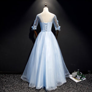 Light Blue Short Sleeves Long Prom Dress With Lace, Evening Dresses YZ211042