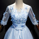 Light Blue Short Sleeves Long Prom Dress With Lace, Evening Dresses YZ211042