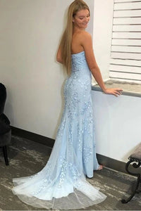 Light Sky Blue Strapless Mermaid Appliqued Long Prom Dresses BP1498