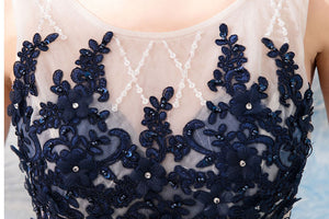 Fancy Blue A-Line Sleeveless Open Back Long Prom Dress, Evening Dress SHK006