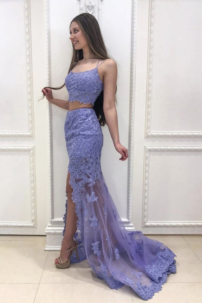 Mermaid 2 Pieces Purple Lace Long Prom Dress with Slit, Evening Dress cathyprom Mermaid 2 Pieces Purple Lace Long Prom Dress with Slit, Evening Dress cathyprom