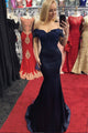 Mermaid Black Satin Off The Shoulder Short Sleeves Lace Long Satin Prom Dress OHC398 | Cathyprom