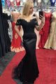 Mermaid Black Satin Off The Shoulder Short Sleeves Lace Long Satin Prom Dress OHC398 | Cathyprom