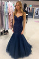 Mermaid Dark Navy Lace Applique Long Tulle Prom Dress Charming Evening Dress OHC511 | Cathyprom