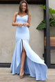 Mermaid Scoop Neck Backless Blue Satin Long Prom Dress With Split YZ211069