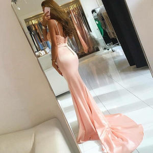 Mermaid Spaghetti Straps Sweep Train Pink Stretch Satin Prom Dress, Evening Dress YZ211070
