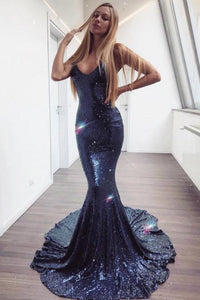 Mermaid Spaghetti Straps Backless Sweep Train Navy Blue Sequined Prom Dress Evening Dresses OHC440 | Cathyprom