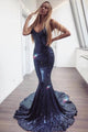Mermaid Spaghetti Straps Backless Sweep Train Navy Blue Sequined Prom Dress Evening Dresses OHC440 | Cathyprom