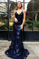 Mermaid Spaghetti Straps Navy Blue Backless Tulle Prom Dress With Appliques CMS211151