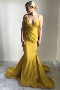 Mermaid Spaghetti Straps Sweep Train Yellow Satin Long Prom Dress CMS211113