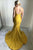 Mermaid Spaghetti Straps Sweep Train Yellow Satin Long Prom Dress CMS211113