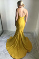 Mermaid Spaghetti Straps Sweep Train Yellow Satin Long Prom Dress CMS211113