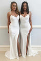 White Mermaid Spaghetti Straps Split Chiffon Sleeveless Prom Dress  CMS211112