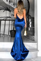 Mermaid Royal Blue Satin Sweep Train Long Prom Dresses CW41517