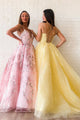 Modest A-line V Neck Tulle Appliques Sleeveless Long Lace Prom Dress OHC448