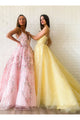 Modest A-line V Neck Tulle Appliques Sleeveless Long Lace Prom Dress OHC448