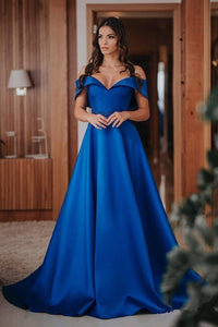Modest Simple Royal Blue Off The Shoulder Short Sleeves Satin Long Prom Dress Party Dress OHC414 | Cathyprom