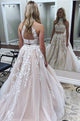 A Line Pearl Pink Tulle High Neck Two Pieces Prom Dresses WD1829