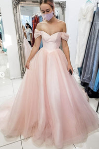 A-line Off the Shoulder Pink Tulle Long Prom Dress, Evening Dress CMS211137