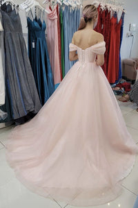 A-line Off the Shoulder Pink Tulle Long Prom Dress, Evening Dress CMS211137