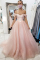 A-line Off the Shoulder Pink Tulle Long Prom Dress, Evening Dress CMS211137