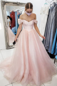 A-line Off the Shoulder Pink Tulle Long Prom Dress, Evening Dress CMS211137