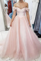 A-line Off the Shoulder Pink Tulle Long Prom Dress, Evening Dress CMS211137