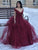 Sparkle Ball Gown V Neck Burgundy Off the Shoulder Prom Dress, Quinceanera Dresses P1037