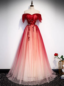 Off the Shoulder Burgundy Prom Dresses, Wine Red Tulle Graduation Dresses WT5110