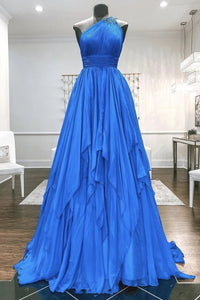 One Shoulder Backless Blue Chiffon Long Prom Dress With Beadings, Evening DressCMS211159