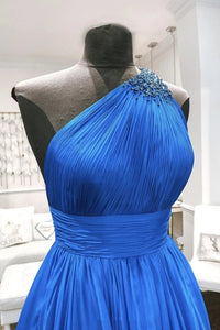 One Shoulder Backless Blue Chiffon Long Prom Dress With Beadings, Evening DressCMS211159