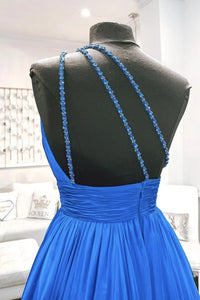 One Shoulder Backless Blue Chiffon Long Prom Dress With Beadings, Evening DressCMS211159