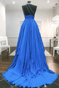 One Shoulder Backless Blue Chiffon Long Prom Dress With Beadings, Evening DressCMS211159