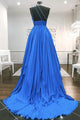 One Shoulder Backless Blue Chiffon Long Prom Dress With Beadings, Evening DressCMS211159