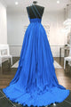One Shoulder Backless Blue Chiffon Long Prom Dress With Beadings, Evening DressCMS211159