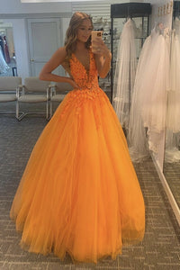 A-Line Orange Tulle Long Prom Dress With Lace, Evening Dress CMS211104