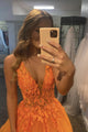 A-Line Orange Tulle Long Prom Dress With Lace, Evening Dress CMS211104