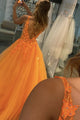 A-Line Orange Tulle Long Prom Dress With Lace, Evening Dress CMS211104