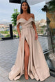 A-line Off The Shoulder Burgundy Formal Dresses with Side Slit CS7264