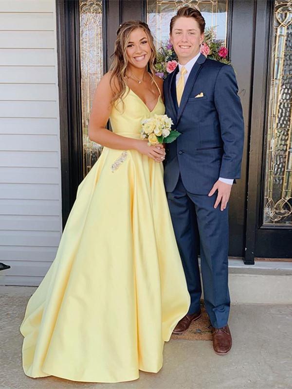 Modest Spaghetti Straps Satin Prom Dresses A line Rhinestones Formal D cathyprom