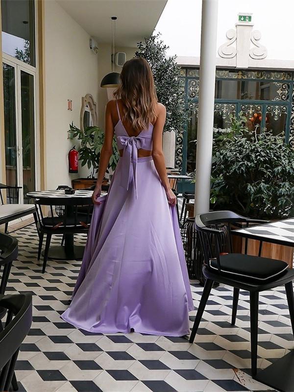 Fashion Satin Straps A-line Prom Dresses 2 Pieces Gowns With Slit CP11 cathyprom Fashion Satin Straps A-line Prom Dresses 2 Pieces Gowns With Slit CP11 cathyprom