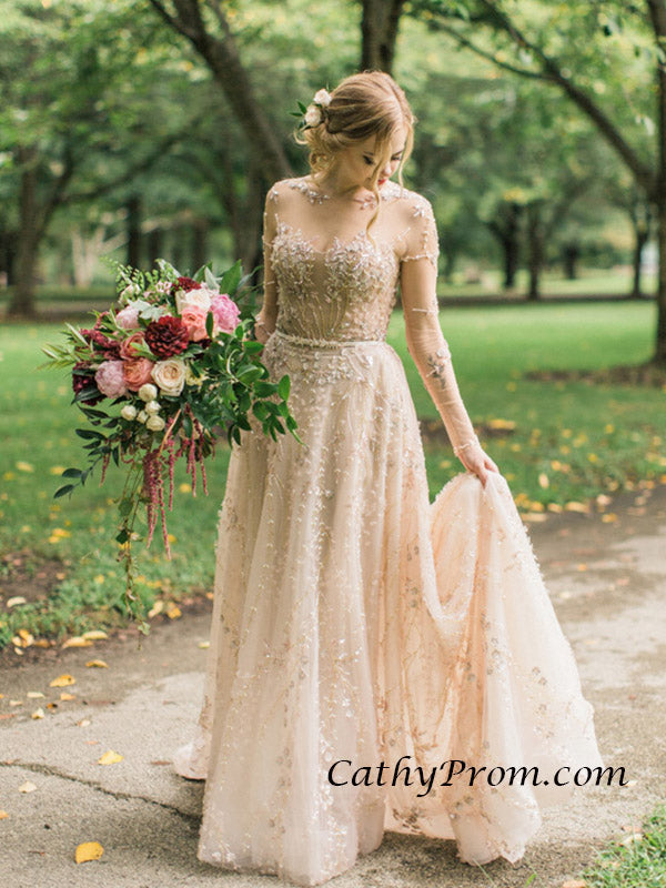 Amazing Embroidery Champagne Sparkly Wedding Dress with Sleeves A Line cathyprom Amazing Embroidery Champagne Sparkly Wedding Dress with Sleeves A Line cathyprom