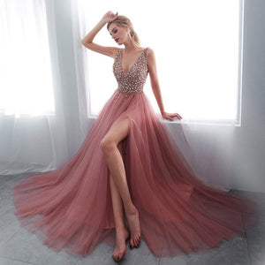 A-Line V-Neck Beaded Tulle With Slit Prom Dress, Evening Dress YZ211048