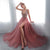 A-Line V-Neck Beaded Tulle With Slit Prom Dress, Evening Dress YZ211048