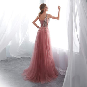 A-Line V-Neck Beaded Tulle With Slit Prom Dress, Evening Dress YZ211048