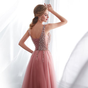 A-Line V-Neck Beaded Tulle With Slit Prom Dress, Evening Dress YZ211048