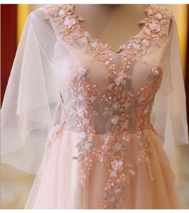 Pink A-Line Tulle Lace V-Neck Floor Length Prom Dresses, Evening Dress CMS211130