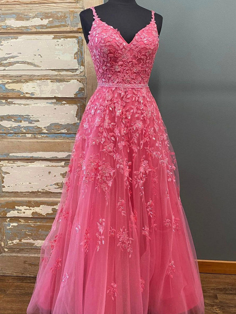 Hot Pink A-line Lace Appliques Prom Dress – Dreamdressy