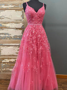Pink V Neck Lace Applique Spaghettis Strap Long Prom Dresses DP1040